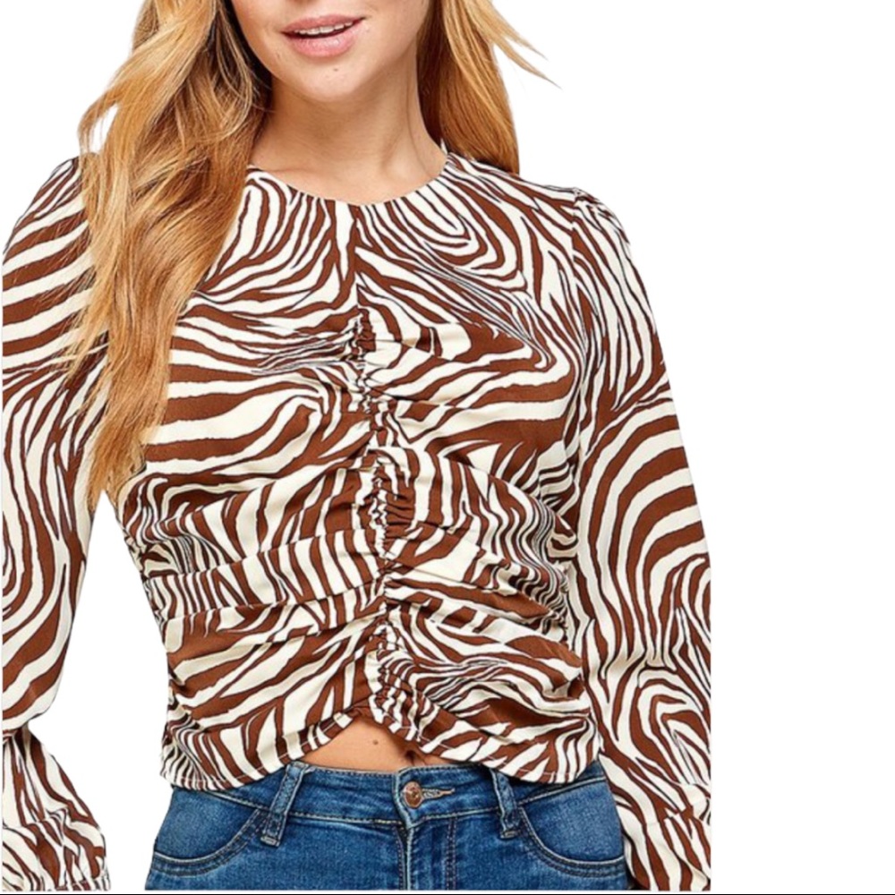NWT Zebra Print Satin Long Sleeve Top with Ruched Detail. Size S, M and L